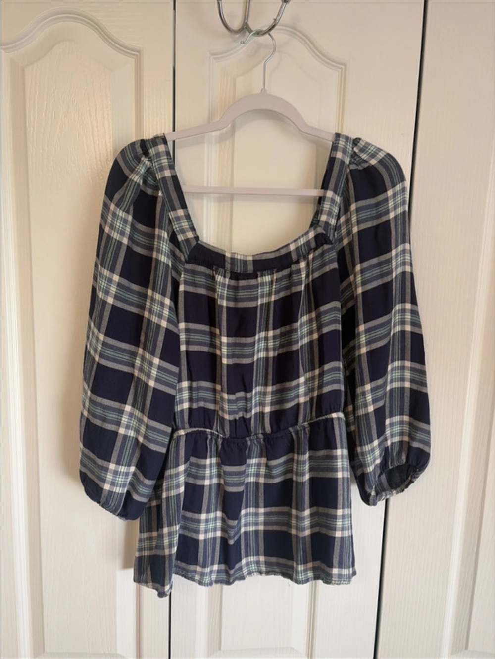 Lane Bryant Navy and White Plaid Peasant Top
